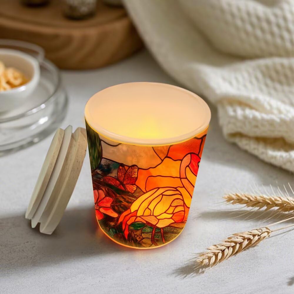 Stained Glass Flamingos Tea Light Candle Holders, Beach Butterfly Tealight Candle Holder Jar with Wooden Lid, Votive Candlesticks for Table Centerpieces, Christmas,Birthday Party,Home Decor