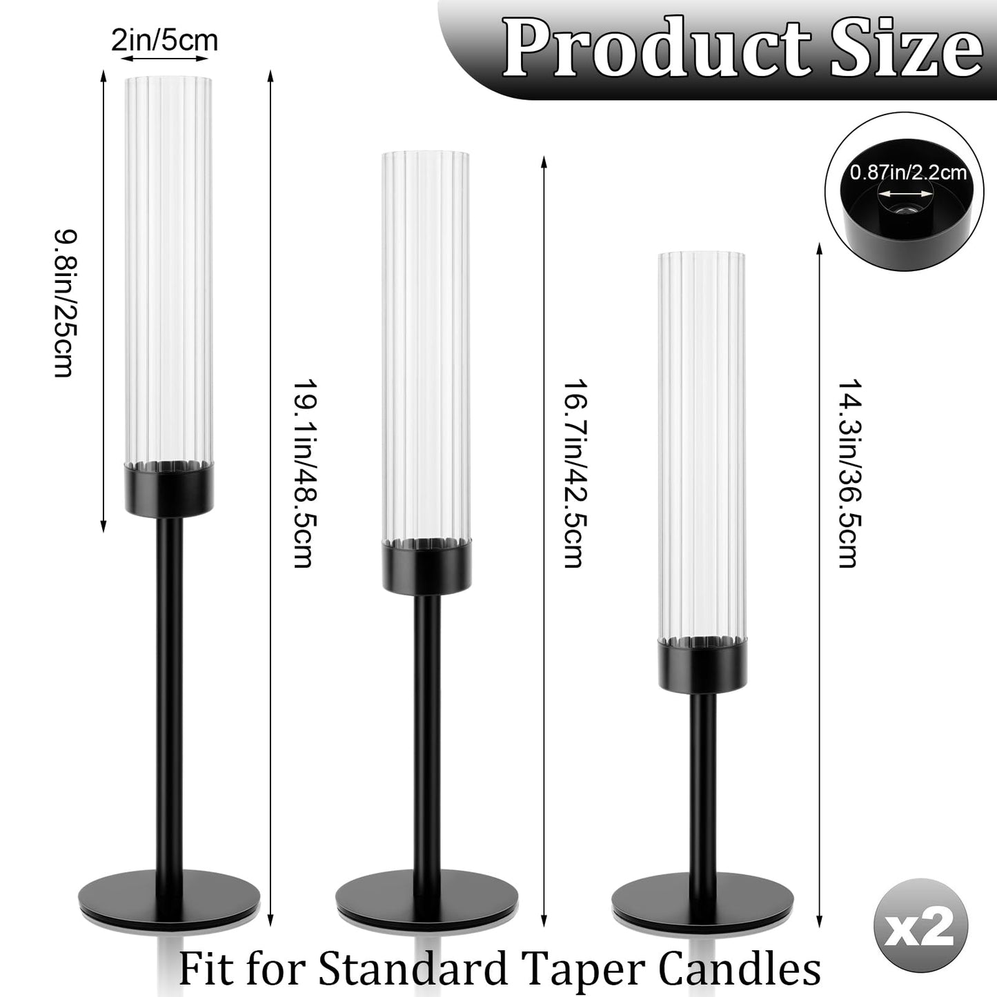 Black Hurricane Candle Holders, Set of 6 Glass Taper Candlestick Holders Metal Candle Stands Bulk with Ribbed Glass Cover for Dining Tables Wedding Candelabra Centerpieces Decor