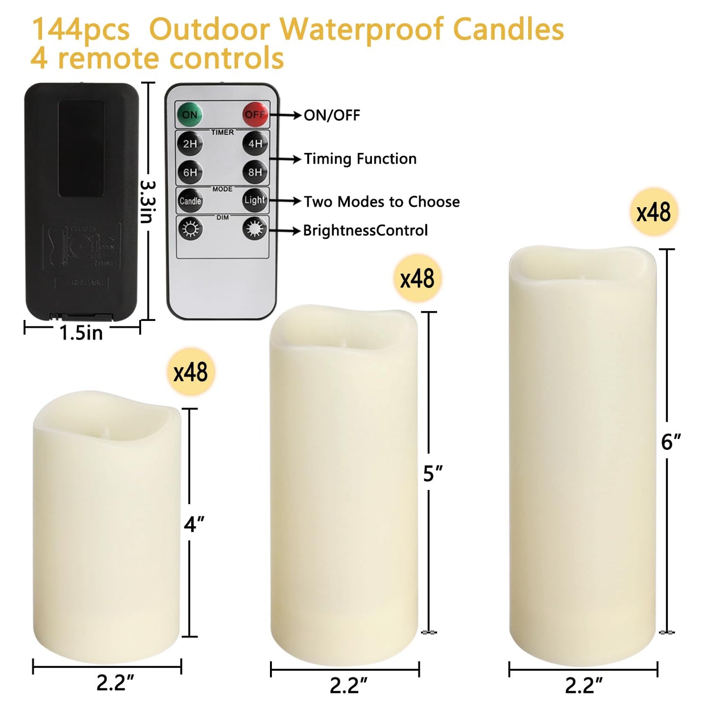 Wfmolcand 144-Pack LED Flameless Flickering Candles with Remote Control and 2/4/6/8 H Timer Led Pillar Candles of Wedding, Table, Halloween,Christmas Decorations and Special Occasions (Three Sizes)