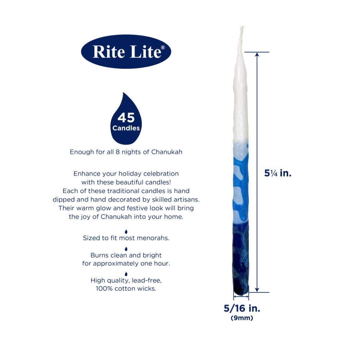 Rite -Lite Judaica Premium Chanukah Candles. Handcrafted, Tri-Color Blue/White Stripe. Box of 45