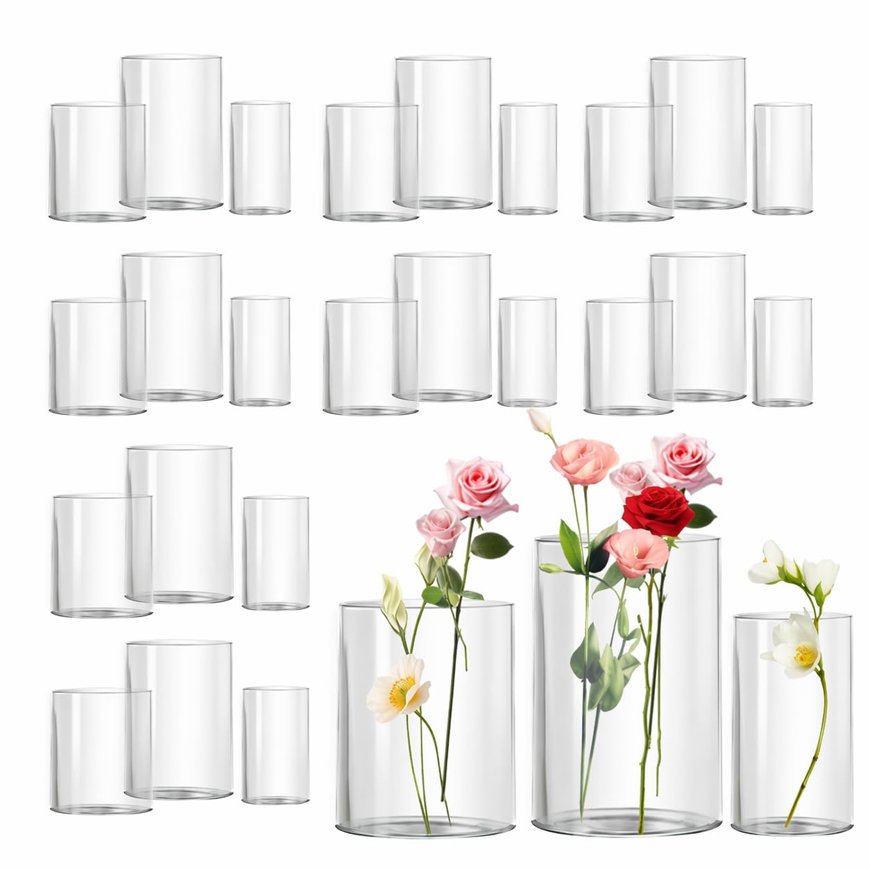 Glass Vase Cylindrical Vase for Tabletop Decoration, Candle Glass Vase, Pebble Vase for Party, Wedding, Banquet Decoration (27, 10+10+12.5cm)