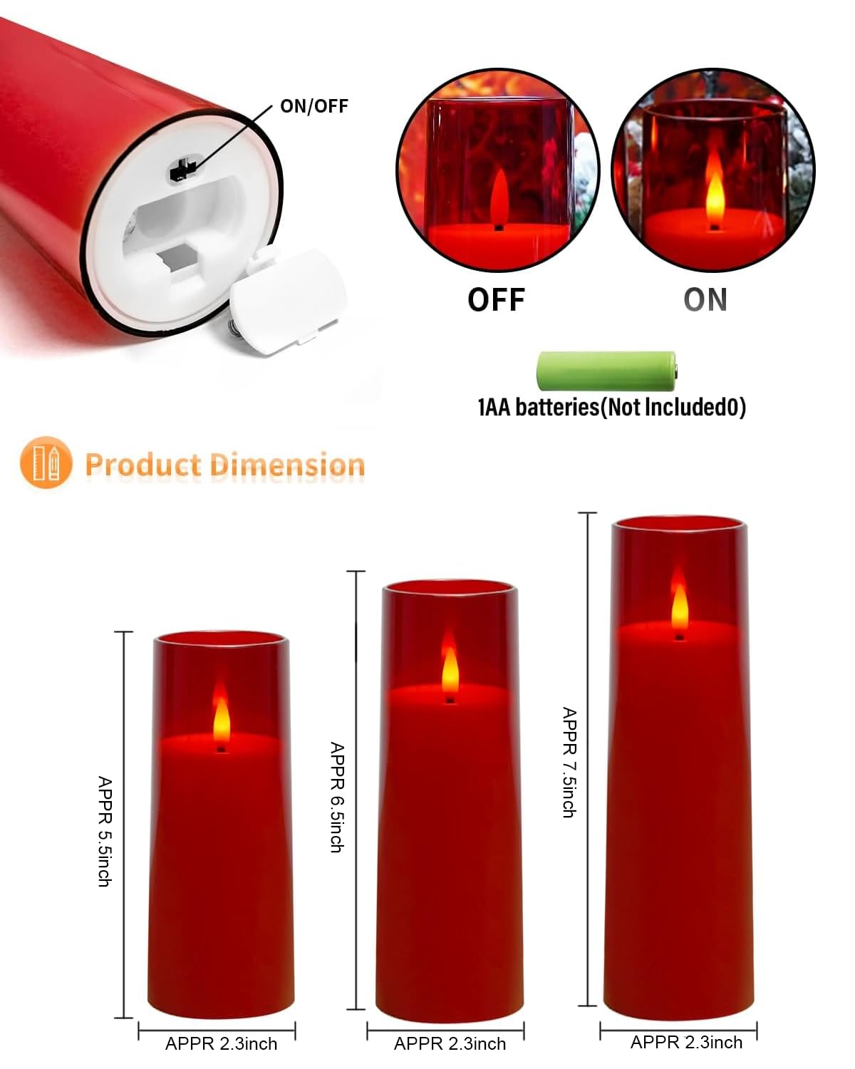 kakoya Flickering Flameless Candles Battery Operated with Remote and 2/4/6/8 H Timer Plexiglass Led Pillar Candles Pack of 9 (D2.3 xH5.5 6.5" 7.5") with Realistic 3D Wick Candles for Home Decor(Red)