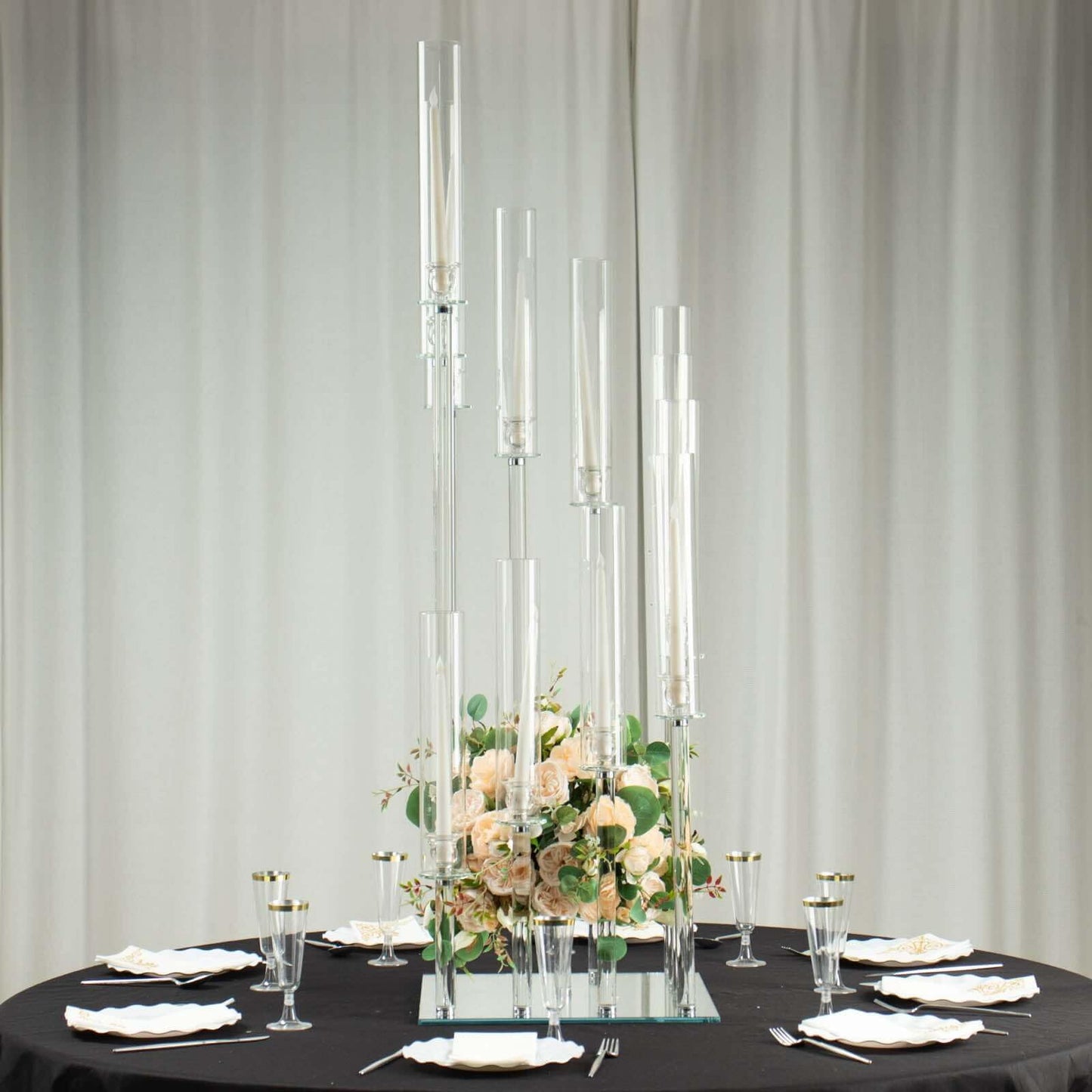 Efavormart 4.5ft Crystal 12-Arm Cluster Glass Candelabra Floral Pedestal Stand, Square Hurricane Taper Candle Holder Stand