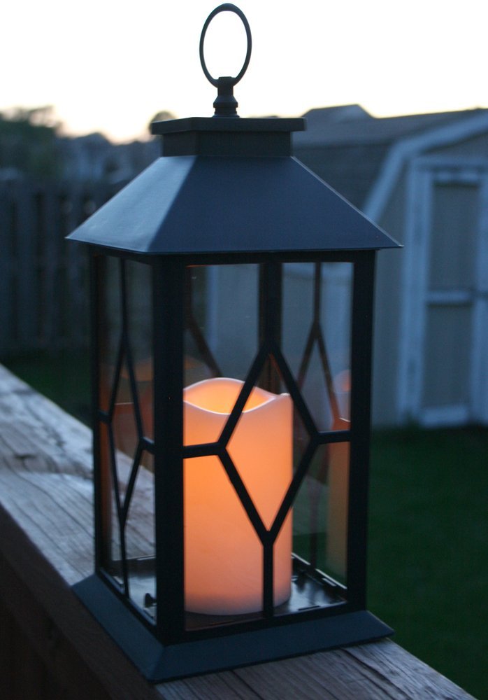 Decorative Black Lanterns Set of 2 with LED Flameless Candles, Remote & 4 Hour Timer, Indoor Outdoor Lantern Decor, Hanging or Tabletop Lighting, 13 Inch Tall