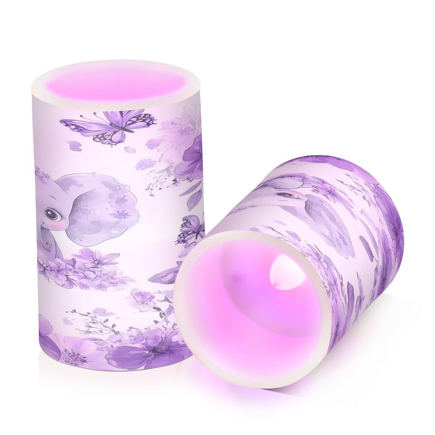 WEVIBOFU Purple Elephant Butterfly Flower Flickering Flameless Candles LED Battery Operated with Remote Timer Pillar Candles for Home Birthday Wedding Christmas Decor, Set of 2