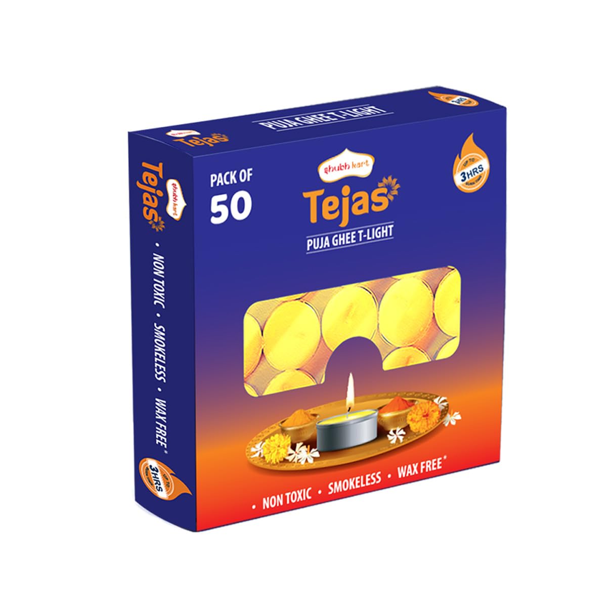 Shubhkart Tejas Premium Ghee T-Light Candle Set of 50 Wax-Free Smokeless Tealights for Prayer Rooms, Meditation, Home, Festive Events, Weddings & Gifting with Bright Long-Lasting 3-Hour Pure Flame