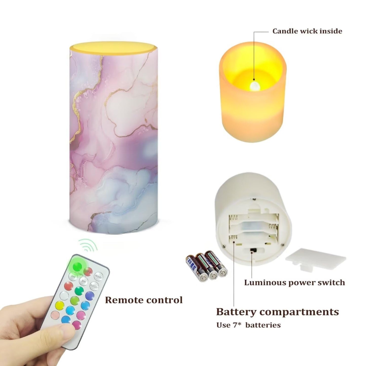 Merkmak 1 Pack Pink Blue Marble Flickering Flameless Candles Battery Operated with Remote and Timer LED Pillar Candles Bulk for Camping, Weddings, Lanterns, Home Decoration