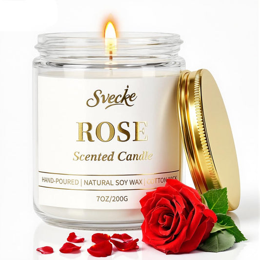 SVECKE Rose Scented Candle 7oz Soy Wax Jar Candle Long Burning Aromatherapy Candle for Home Bedroom Gift for Women Men Housewarming New Home Gift