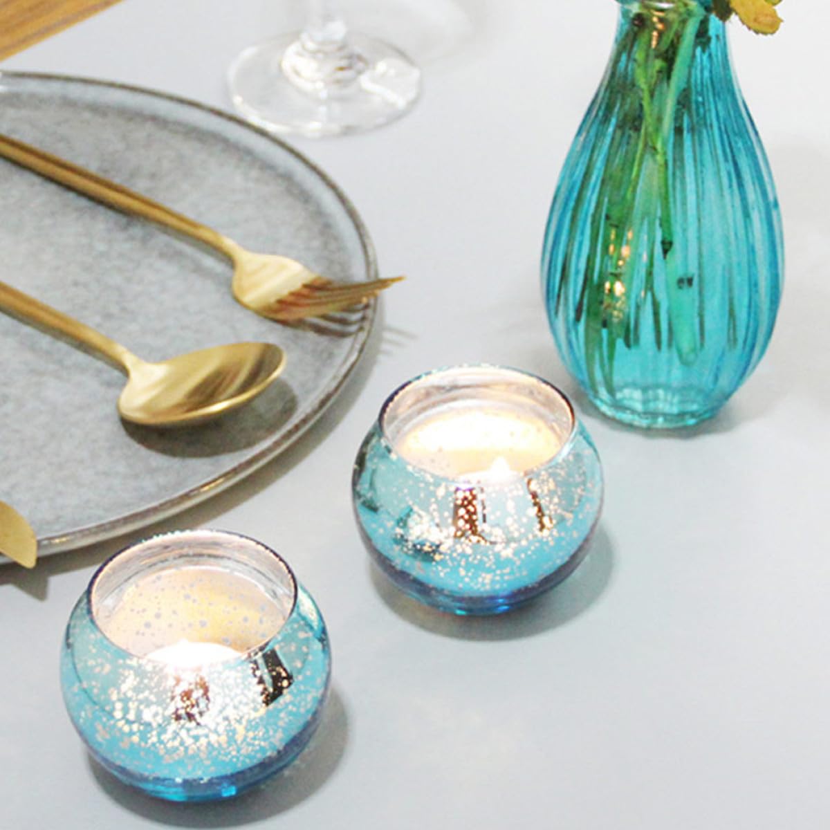 SAFIGLE 12pcs Glass Candle Cups with Blue Dot Pattern Hollow Candleholders for Home Decor Table Centerpiece Tea Light Holders Modern Small Round Design