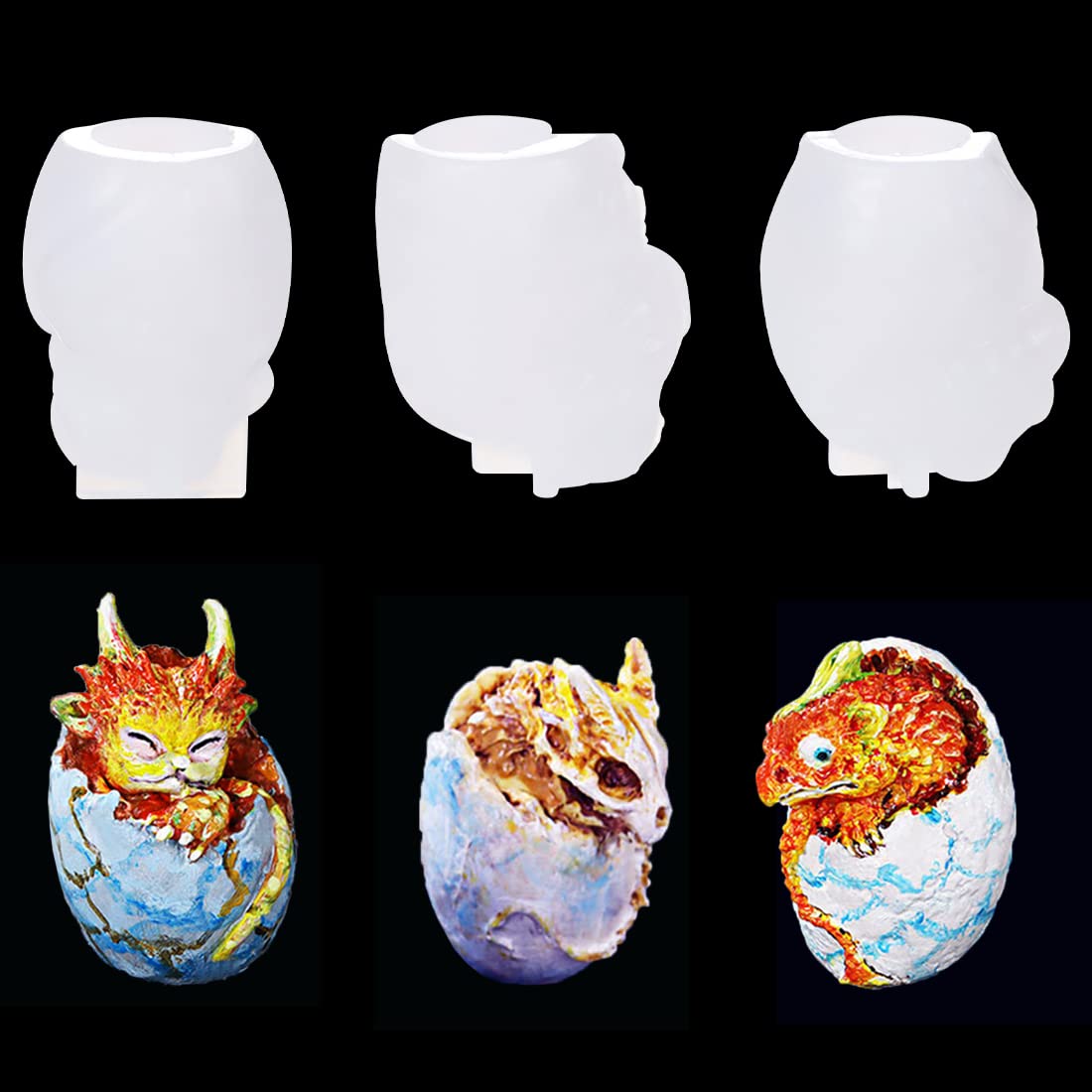 Voyyphixa 3pcs Dragon Egg Resin Molds Silicone Molds 3D Animals Epoxy Molds for Resin Broken Dinosaur Resin Casting Molds DIY Key chain Pendant Crafts Easter Decoration