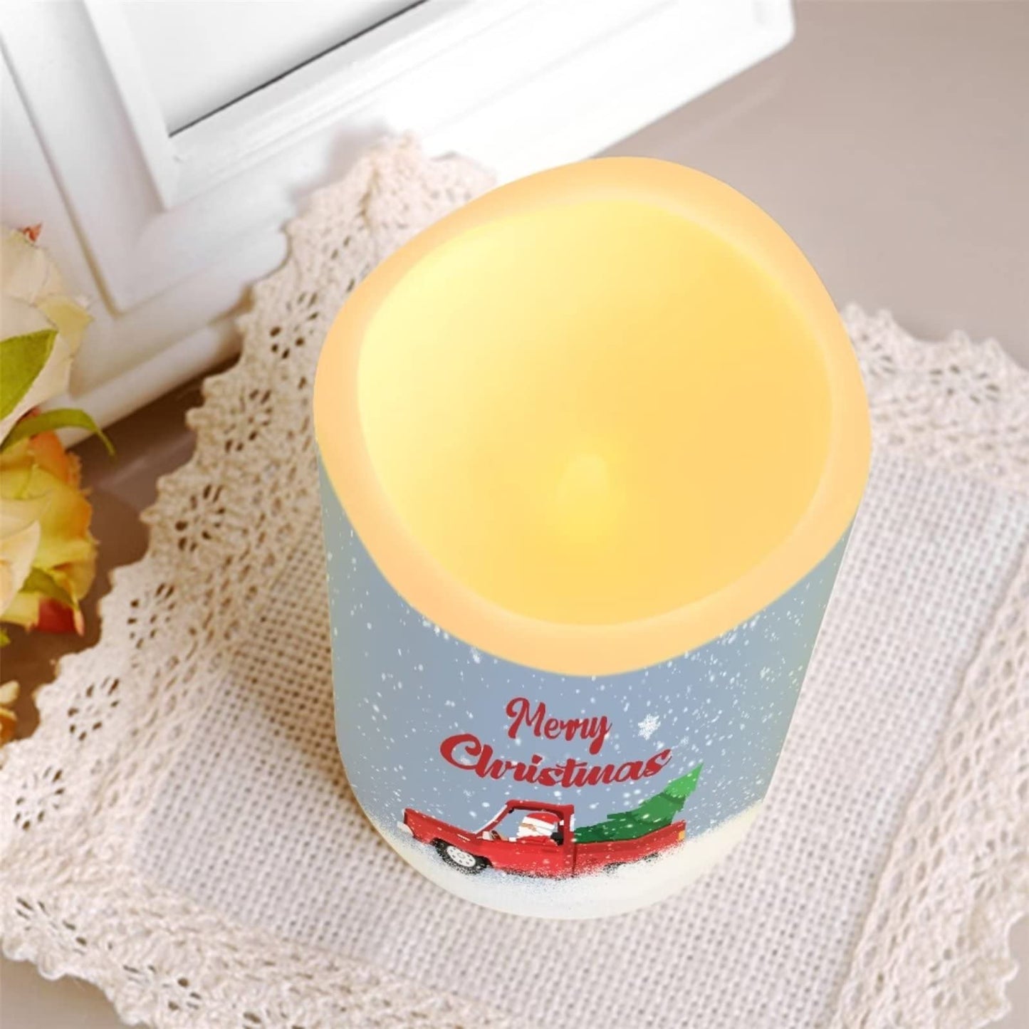 Cozeyat Santa Claus Pattern Electric Candles in Warm Yellow,4 Packs Flickering Real Pillar Votive Tealight,Plastic Flameless Candles Battery Operated for Home Party Cocktail