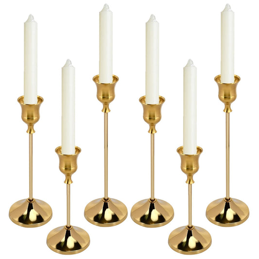 Gold Candlestick Holders Set of 6, 3 Heights Metal Taper Candle Holders with Wide Base and Non-Slip Pads, Detachable Vintage Candle Stick Holders for Table Centerpieces, Wedding and Holiday Decor