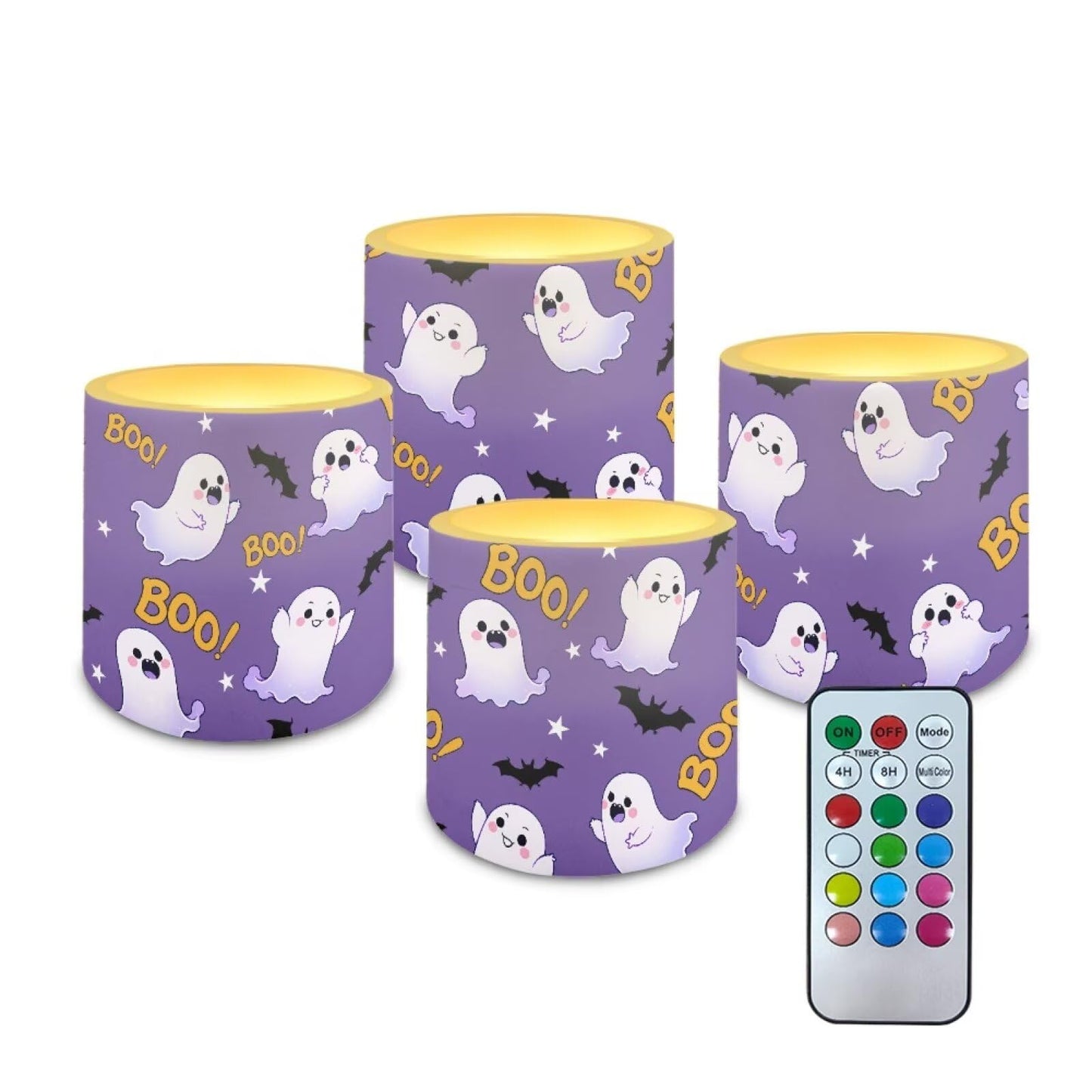 Merkmak Halloween Ghost Bat Print Battery Operated Flameless Candles with Remote and Timer Flameless LED Pillar Candles for Banquet Party Home Decorations 4 Pack Tea Lights Bulk