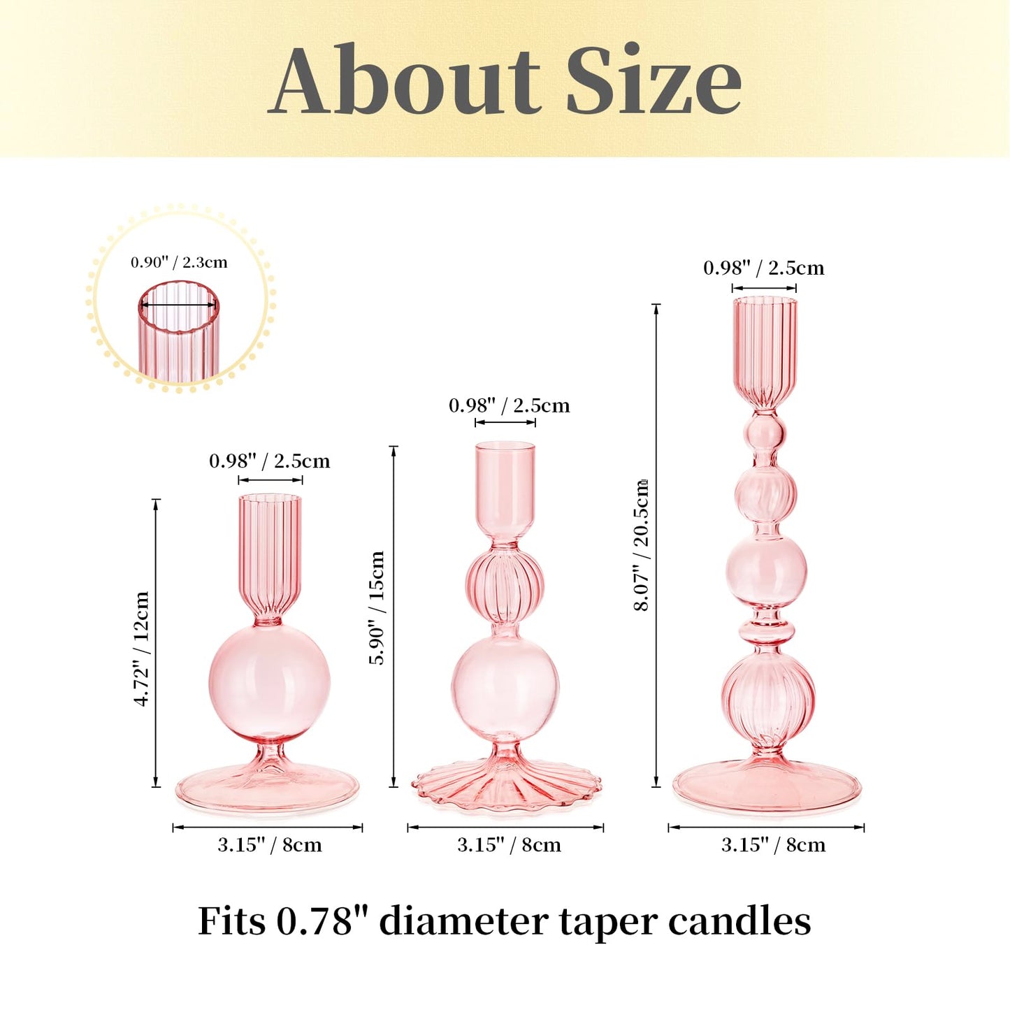 Hewory Glass Candlestick Holders Set: 3PCS Pink Candle Holder Taper Candle Holders Bulk, Crystal Ribbed Candle Sticks Holder Decor for Table Centerpiece Wedding Christmas Thanksgiving Dinner
