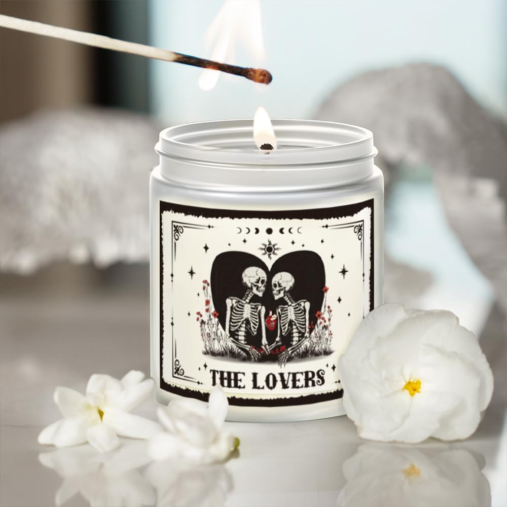 Spooky Candle The Lover Valentine Gifts for Men Women, Valentines Skeleton Gifts for Women & Men, Tarot Skull Candle, Gothic Couple Scented Lavender Candles 9OZ