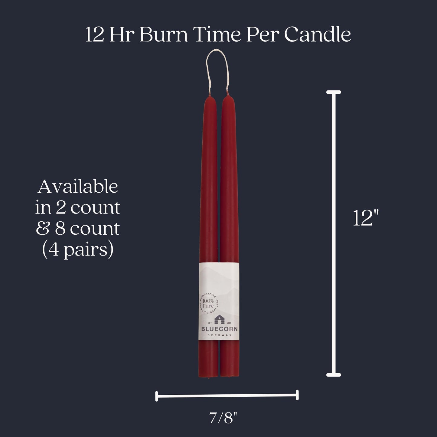 Bluecorn Beeswax Taper Candles, 100% Pure Natural Bees Wax, Pair of 12 Inch Burgundy Tapered Candlesticks, Clean Burning & Dripless, Fragrance Free, Long Lasting, Home Decor, American Made, 1 Count