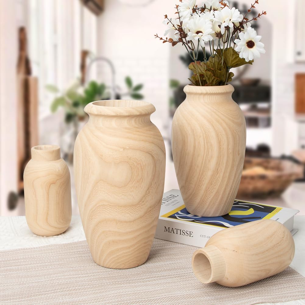 10" Tall Handmade Wooden Flower Vase, Large Wood Vase Decoration for Flower Arrangement Home Decoration