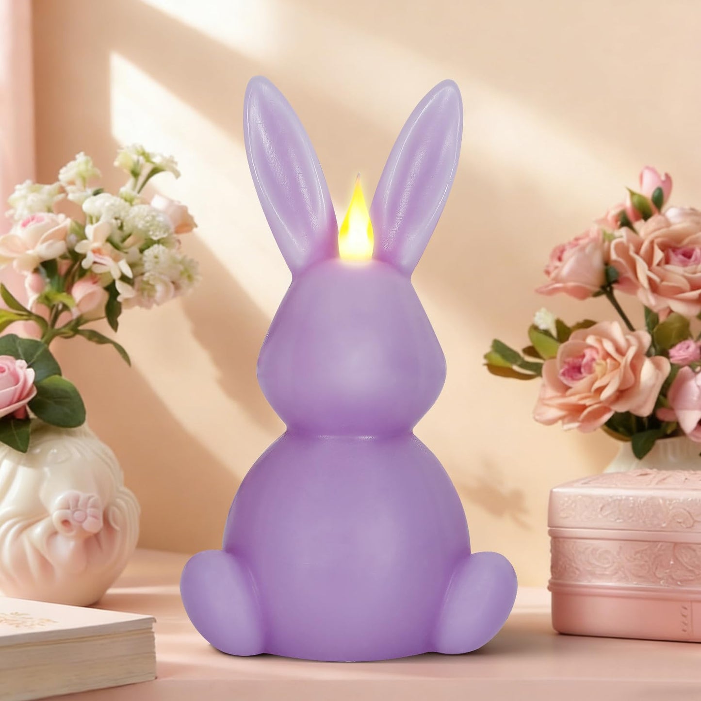 Leorate Purple Easter Bunny Flameless Candle,Real Wax Carved LED Candle,Scented Bunny Shape Flame Candle Set for Home Living Room Bedroom Party Decoration Centerpiece Table Home Decor