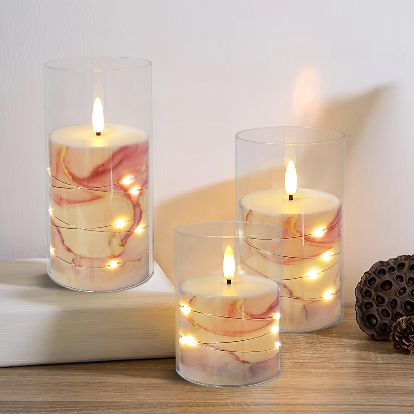 Flickering Flameless Candles Pink Marble Embedded Star String Lights, Battery Operated Acrylic LED Pillar Candles with 11-Key Remote and Timer for Home Decoration, 3 Pack