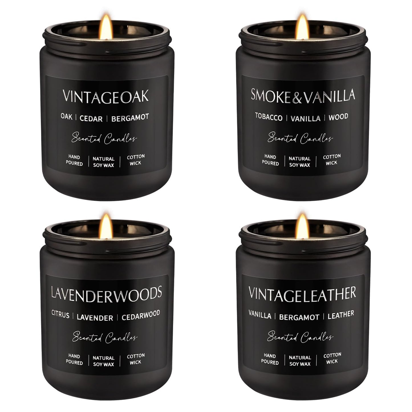 WPONSZU 4Psc Scented Candles Set,7oz Gifts for Men Aromatherapy,Soy Candle of Smokeless - Leather & Smoke, Vanilla Oakmoss, Lavender - Relaxing Fragrance for Home, Office, Yoga(Black)