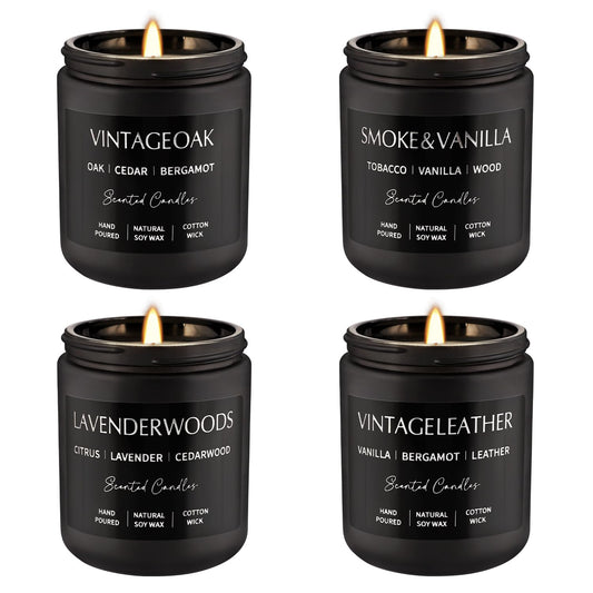 WPONSZU 4Psc Scented Candles Set,7oz Gifts for Men Aromatherapy,Soy Candle of Smokeless - Leather & Smoke, Vanilla Oakmoss, Lavender - Relaxing Fragrance for Home, Office, Yoga(Black)