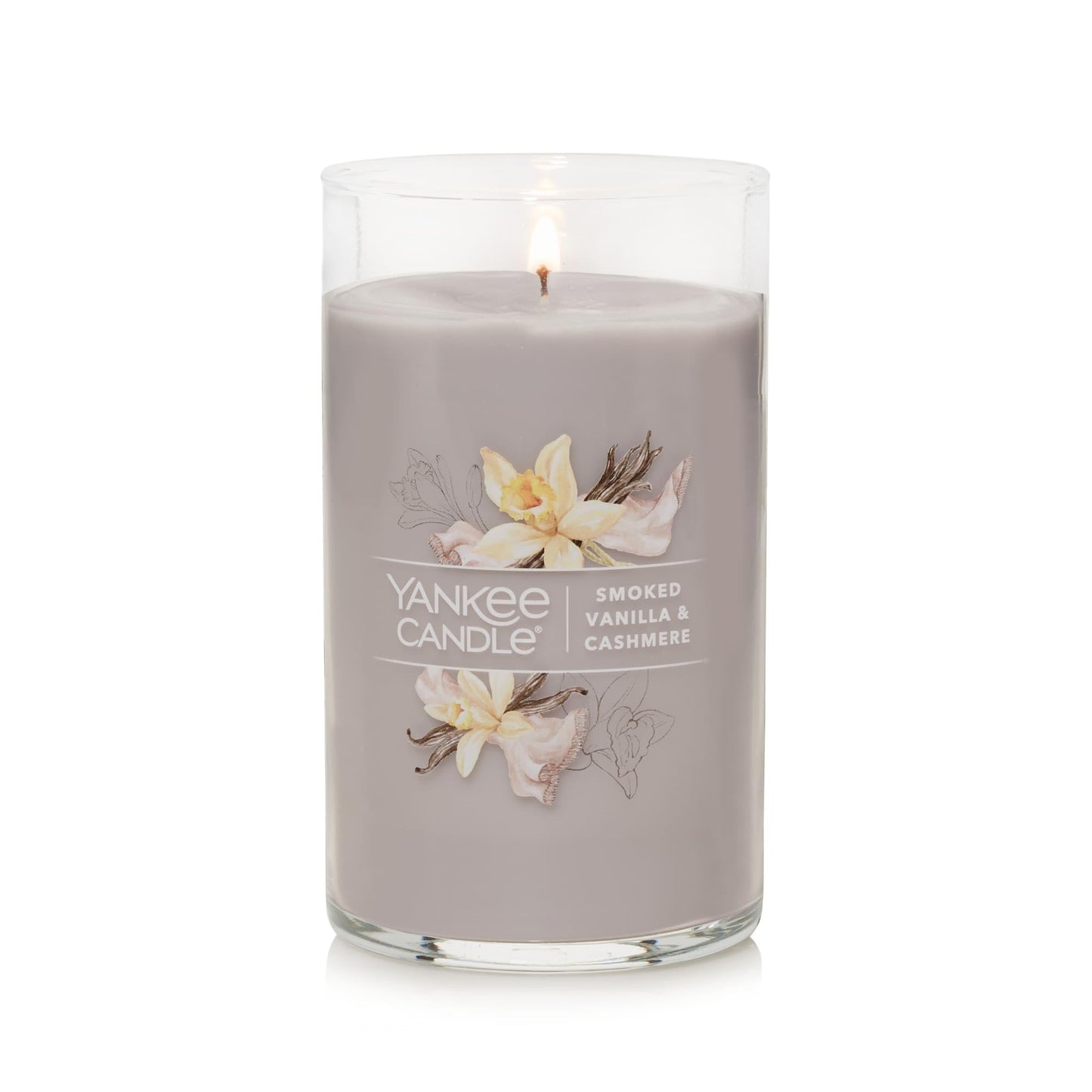 Yankee Candle Signature Medium Pillar Candle, Smoked Vanilla & Cashmere, Light Gray, Metal Lid, Premium Plant Wax Blend, Two Natural Fiber Wicks, Up to 115 Hours Burn Time