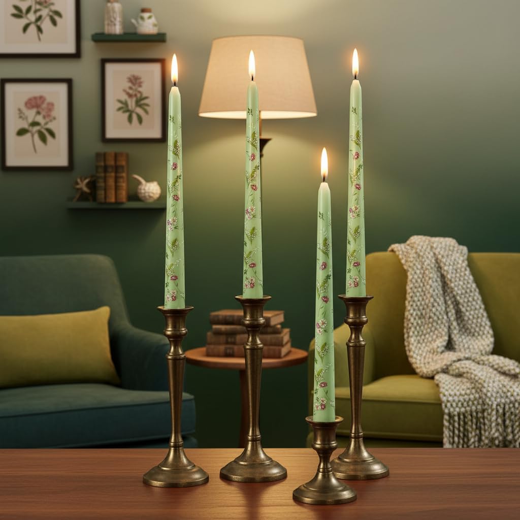 Scandinavian Tall Candle 10 in Green Printed Taper Candles Hand Printing Candlesticks Unscented Smokeless Tapered Candle Sticks for Home Decor Rustic Wedding Simple Modern, 4 Pack