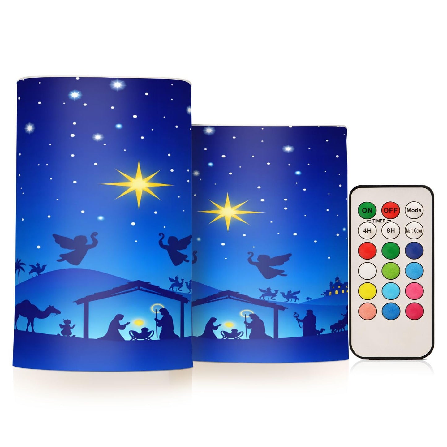 ALAZA Christmas Blue Nativity Scene Flickering Flameless Candles Battery Operated with Remote Timer,Tea Light Candles LED Pillar Votive Candles Set of 2 for Outdoor Indoor Decorations