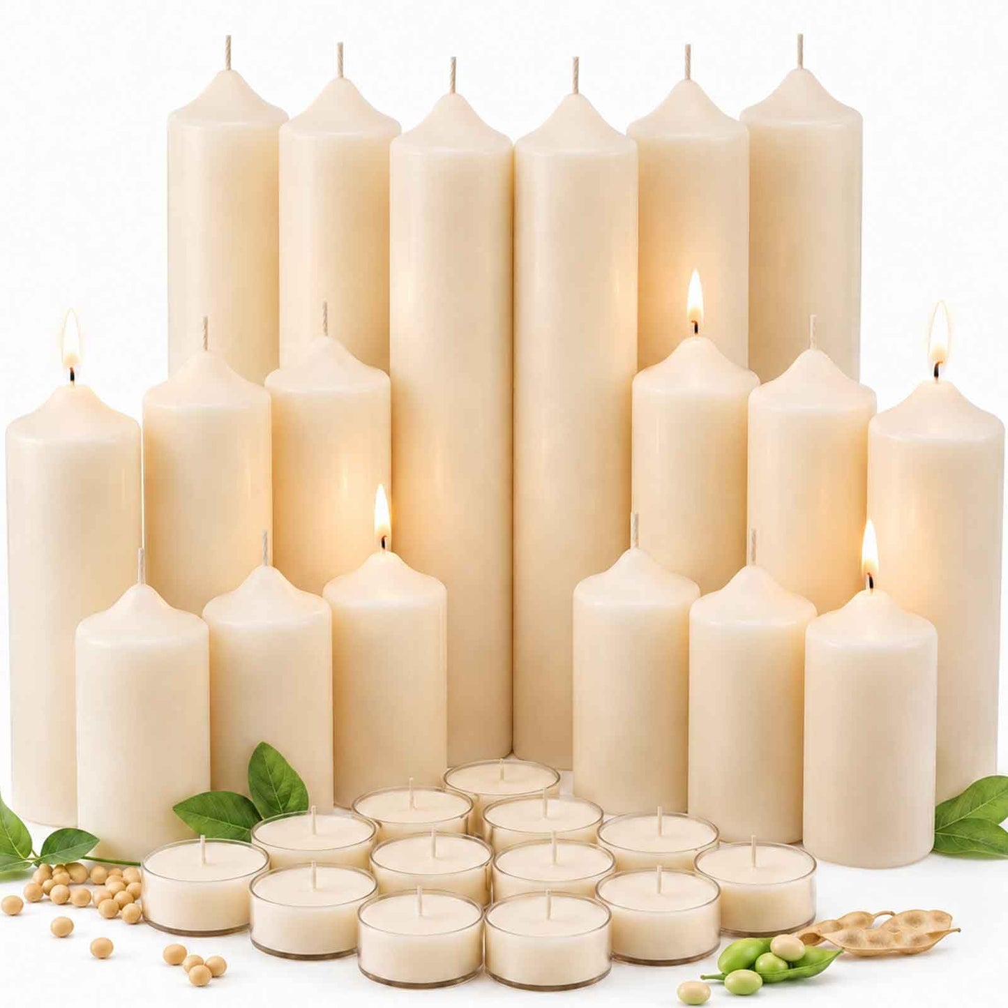 18 Pack Soy Wax Pillar Candle Set for Weddings & Home Decor, Layered Candle Kit with 6 of Each Size (2x3, 2x6 & 2x8) and 12 Tea Lights, Dripless Long Burning White Candles for Centerpieces &Parties