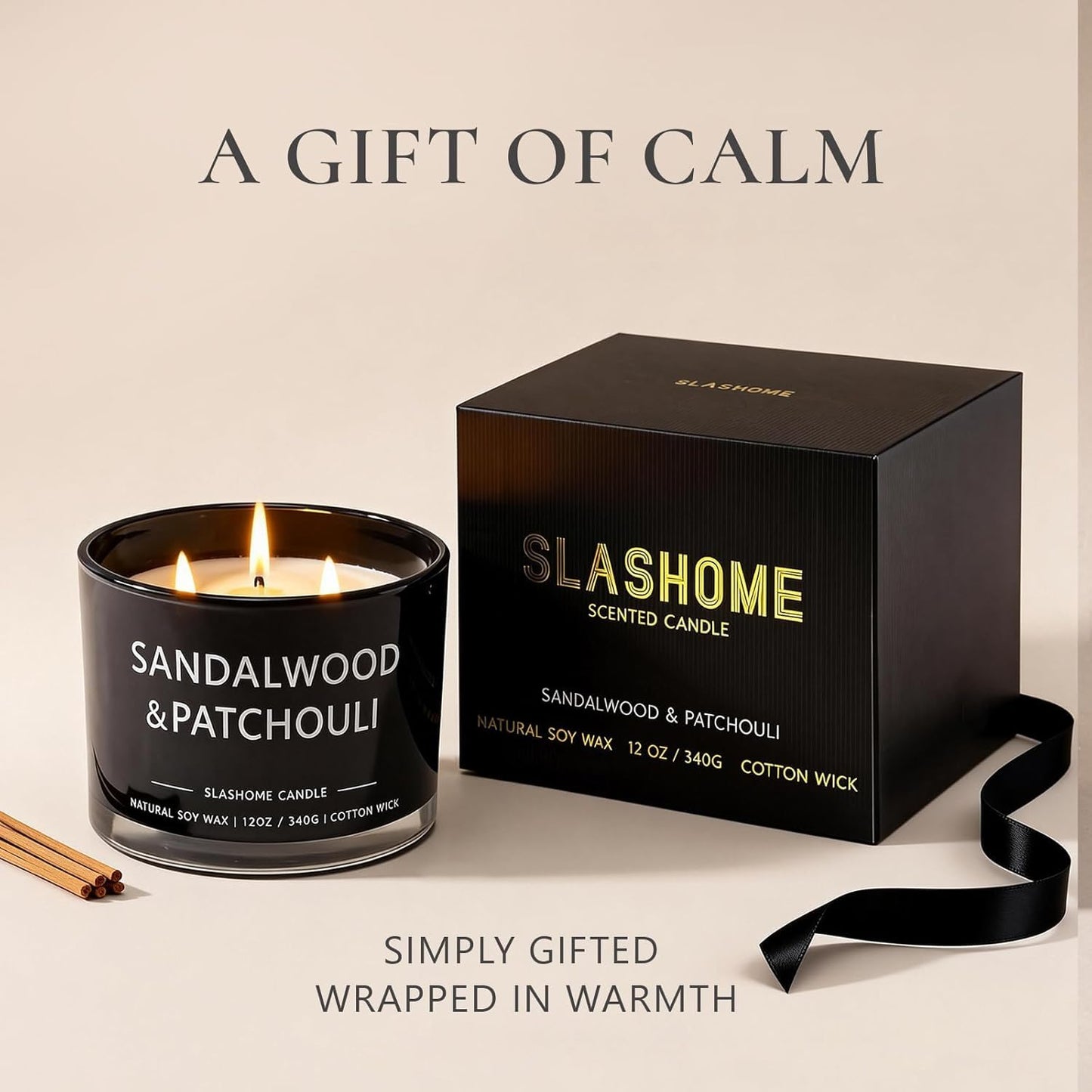 Sandalwood & Patchouli Scented Candle, Luxury Large 3 Wick Soy Candle 12 Oz, 60+ Hour Long Lasting Clean Burn, Elegant Aromatherapy Home Decor, Housewarming & Birthday Gift for Men & Women
