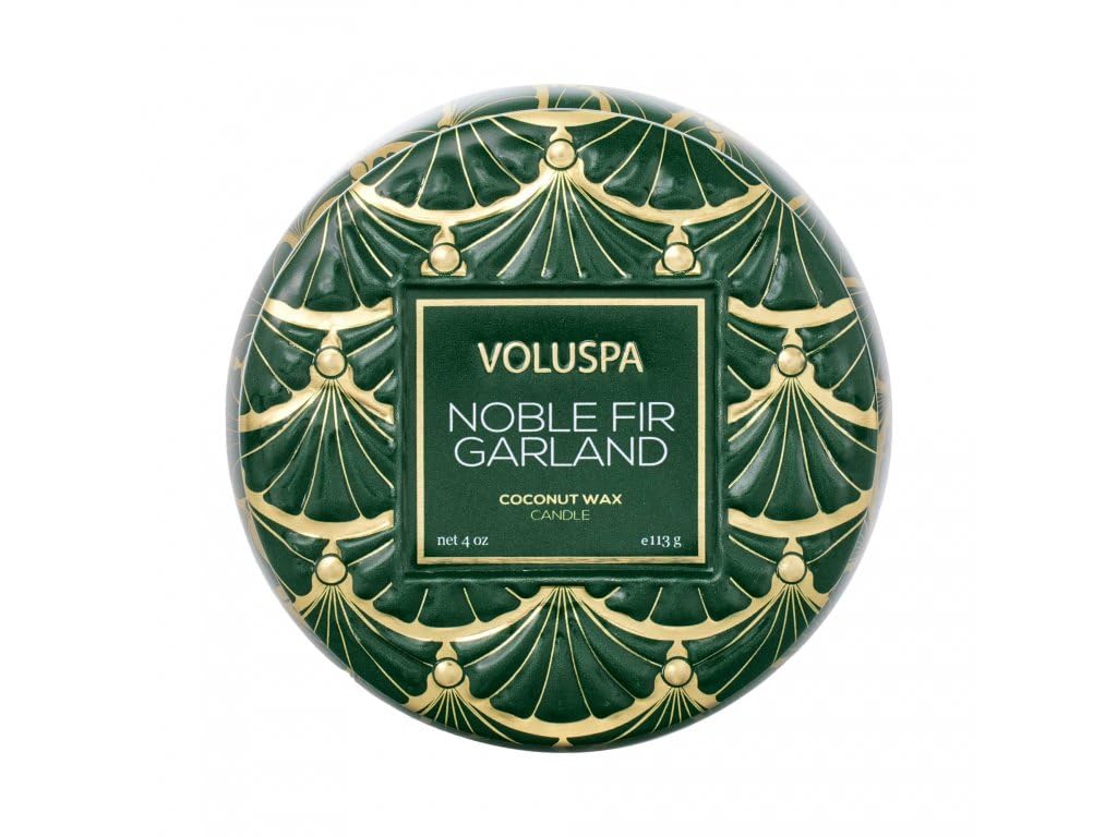 Voluspa Noble Fir Garland, Mini Tin Candle, 4 oz, 25 Hour Burn Time, Coconut Wax Candle for The Home, Poured in the USA