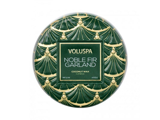 Voluspa Noble Fir Garland, Mini Tin Candle, 4 oz, 25 Hour Burn Time, Coconut Wax Candle for The Home, Poured in the USA