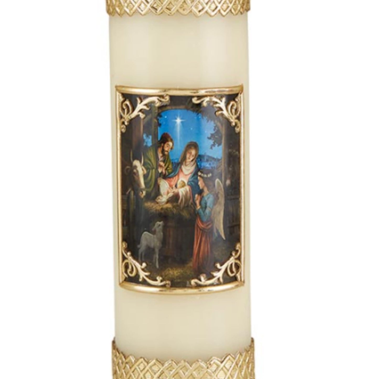 Needzo Gold Tone Nativity Scene Ornate Pillar Candle for Christmas Mass Decoration or Holiday Candles for Homes, Mantels or Centerpieces, 7.75 Inches