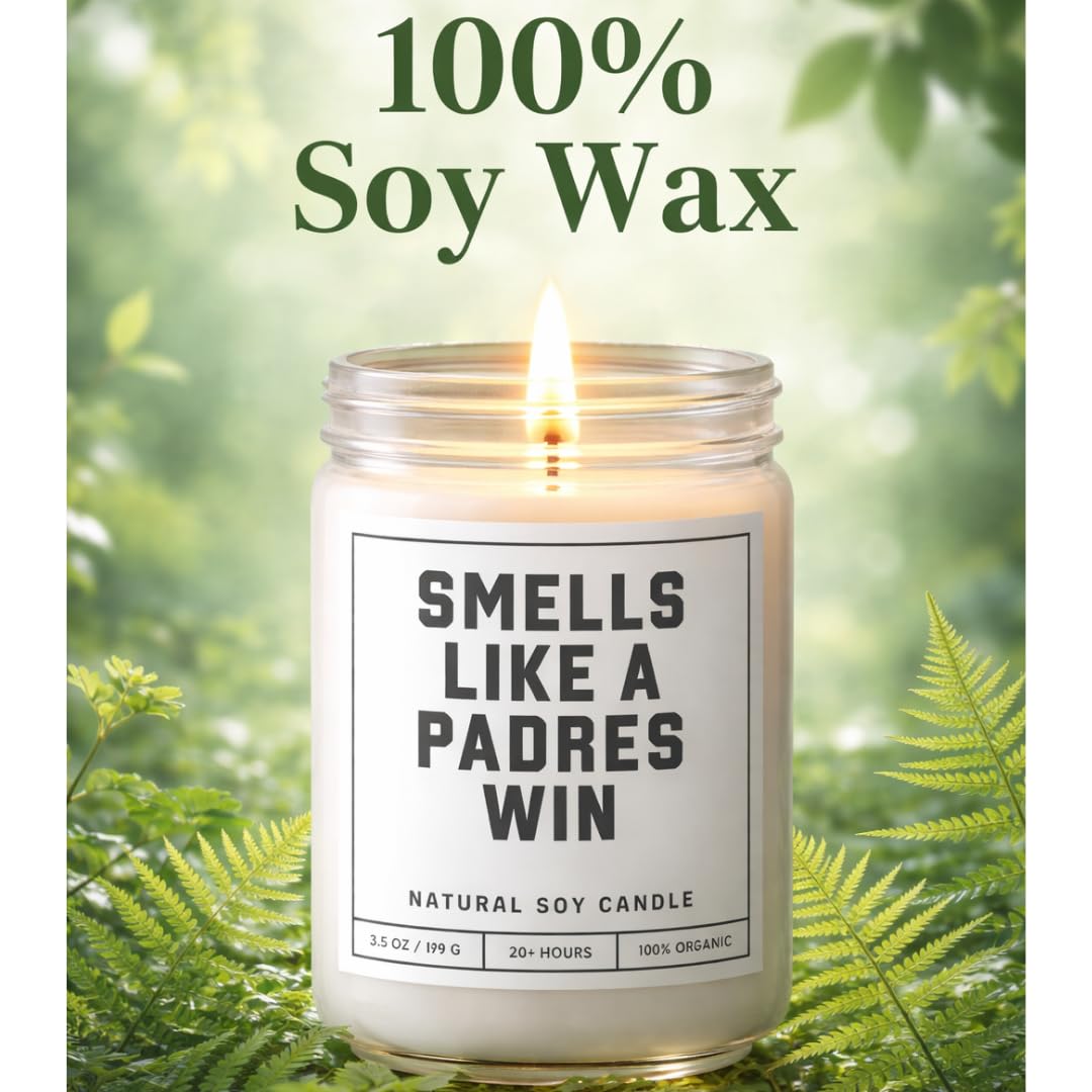 Smells Like a Padres Win Sports Candle- Scented Soy Wax Candle (8.0 oz) 50-60 Hour Burn Time, Cotton Wick, Frosted White Glass Jar, (Vanilla)