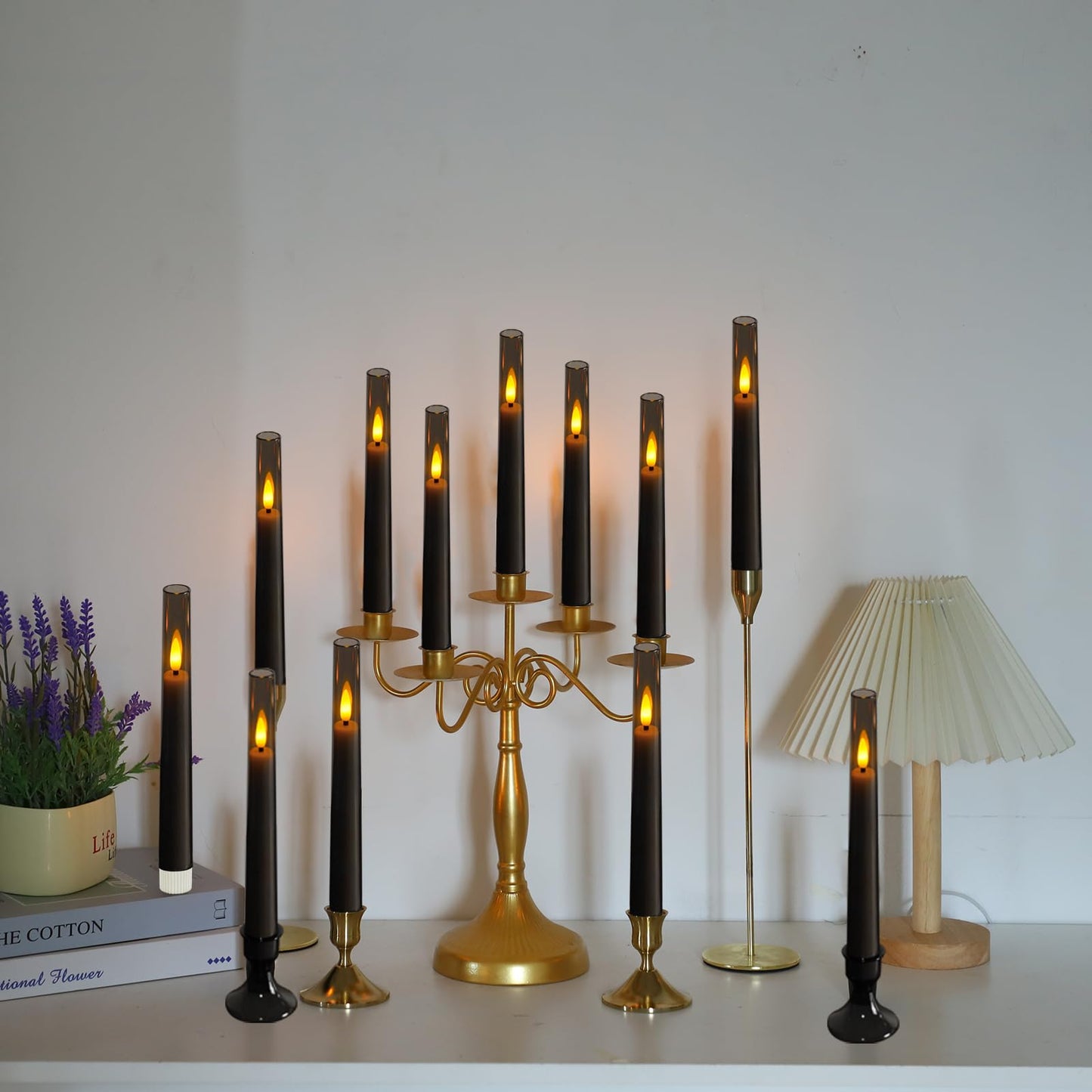 Lezonic Flameless Windows Candles Battery Operated with Timer Remote, 6Pcs Grey Acrylic Flameless Candlesticks with Holders, LED Taper Candles Flickering for Halloween Christmas, 0.8 x 8 inches