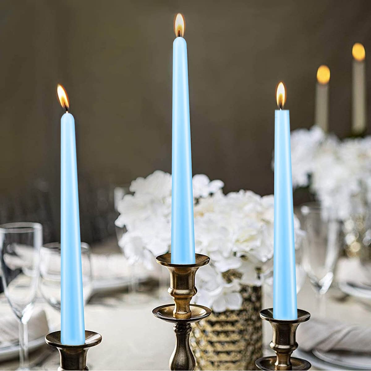 NIKY 10 inch Taper Candles, Set of 12 Unscented Dripless Candlesticks - 8 Hours Long Burning for Home Decoration, Wedding, Parties and Special Occasion (Light Blue)