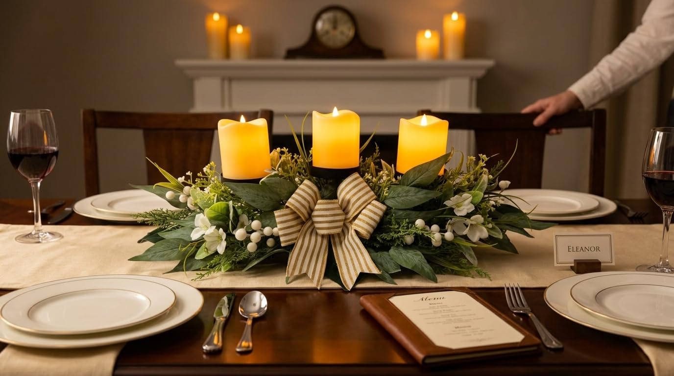 Candle Holder Centerpiece for Table,3 Wick Candle Holder with Artificial Gypsophila Flower,Artificial Eucalyptus Leaves Magnolia Holly Berries and Striped Bow for Table Centerpiece Decor,Dining Room