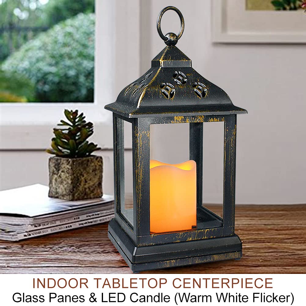 Bright Zeal 2-Pack 9.5" Distressed Bronzes Indoor Candle Lantern with LED Flameless Candle - Battery Operated Lanterns Indoor Decorative Lanterns with Timer Candles
