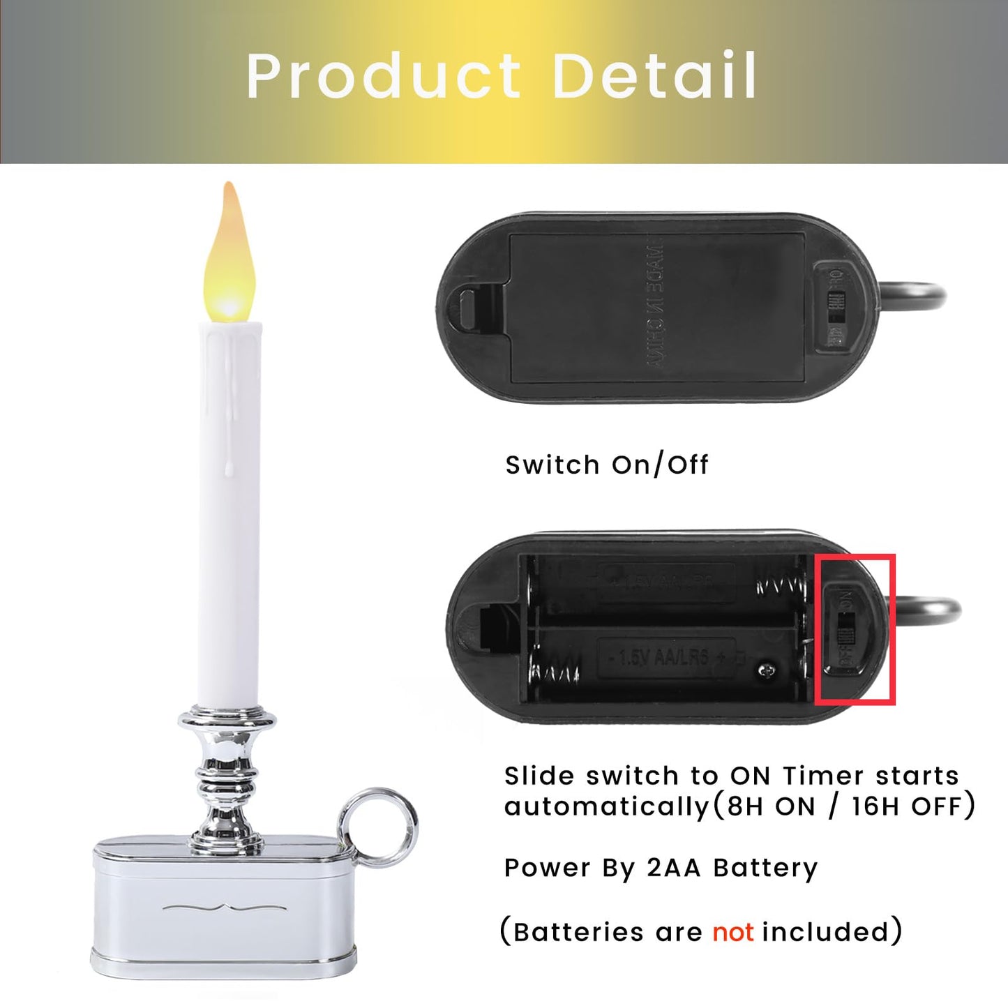 LitTerra Window Candles Battery Operated with Timer 8 Hours on and 16 Hours Off Led Warm White with Flicker Flame