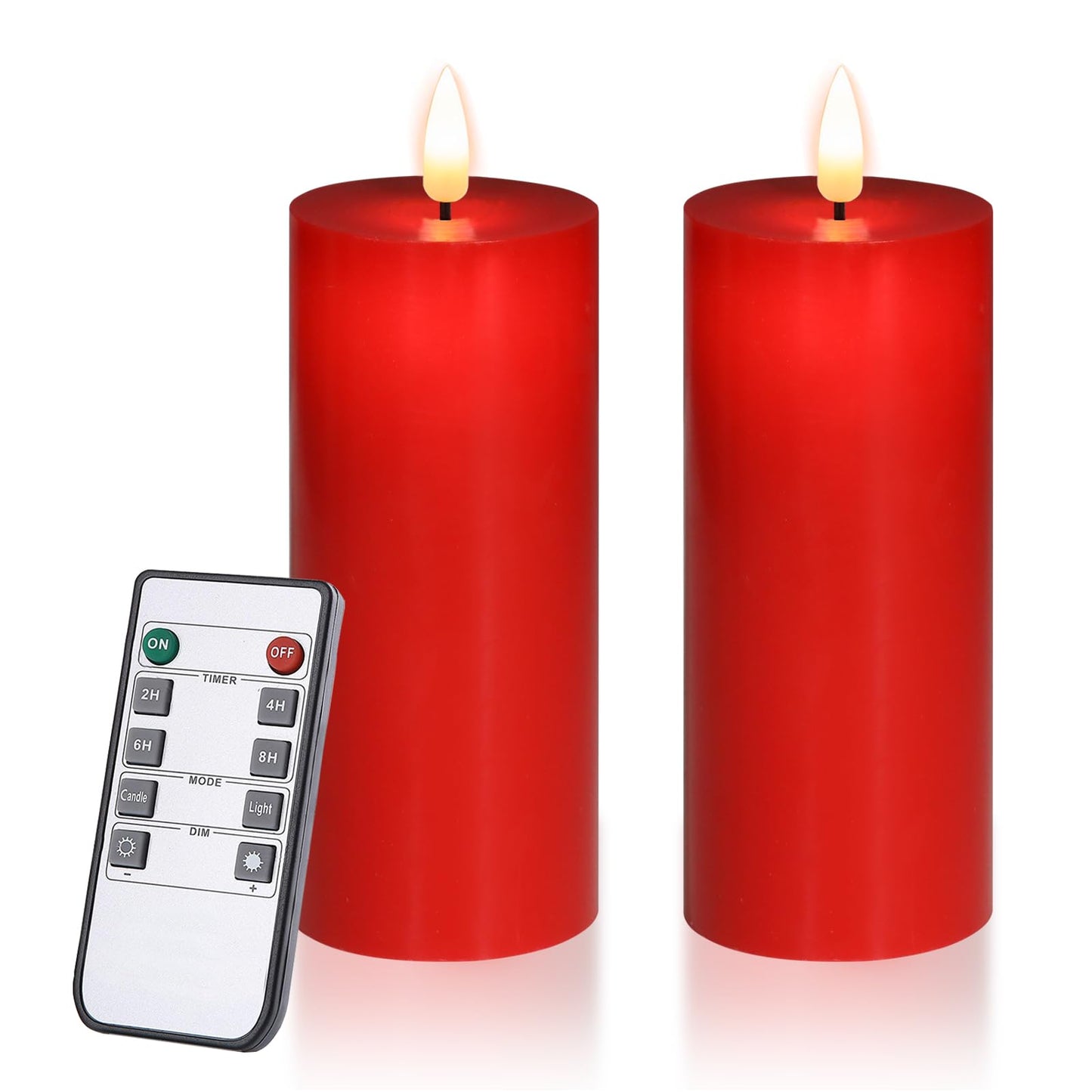 volnyus Red Flameless Candles Set of 2 Flickering LED Wax Candles Battery Operated with Remote Control Timers forChristmas Decoration/Wedding/Party Dimmable Pillar Candles 5 inch Flat top