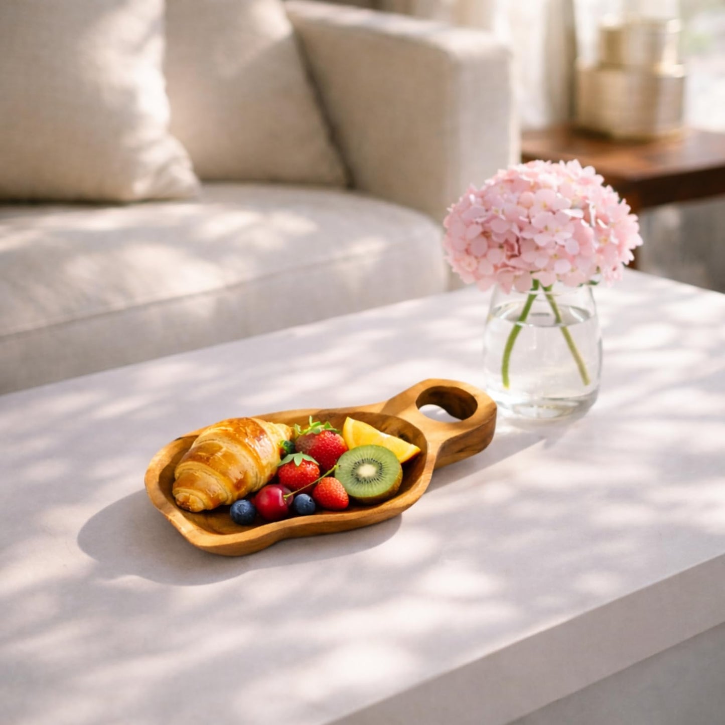 JOLLYMER Solid Teak Wood Decorative Candle Tray – 12.2" Handmade Wood Tray with Handle, Rustic Farmhouse Coffee Table Decor for Home Styling