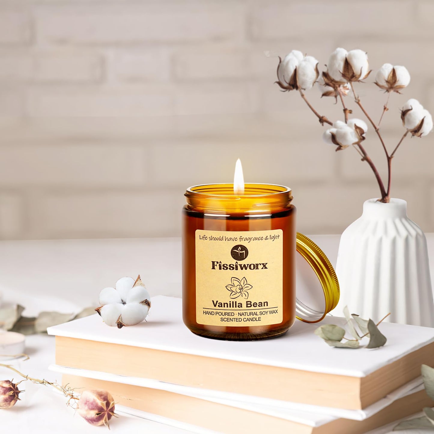 Fissiworx Vanilla Scented Candle Set 2 Pack, Candle for Home Scented, Odor Eliminating, Stress Relief, 15oz, 110 Hours Long Lasting Candles, Soy Candle Gift Set for Women