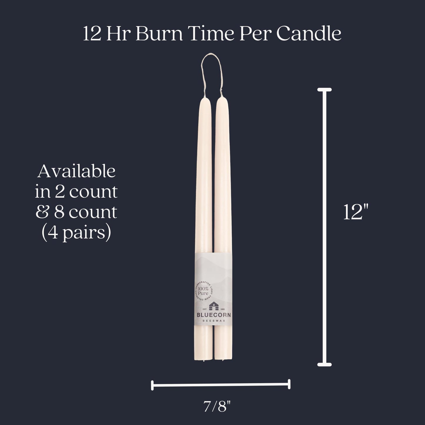 Bluecorn Beeswax Taper Candles, 100% Pure Natural Bees Wax, Pair of 12 Inch Ivory White Tapered Candlesticks, Clean Burning & Dripless, Fragrance Free, Long Lasting, Home Decor, American Made, 1 Count
