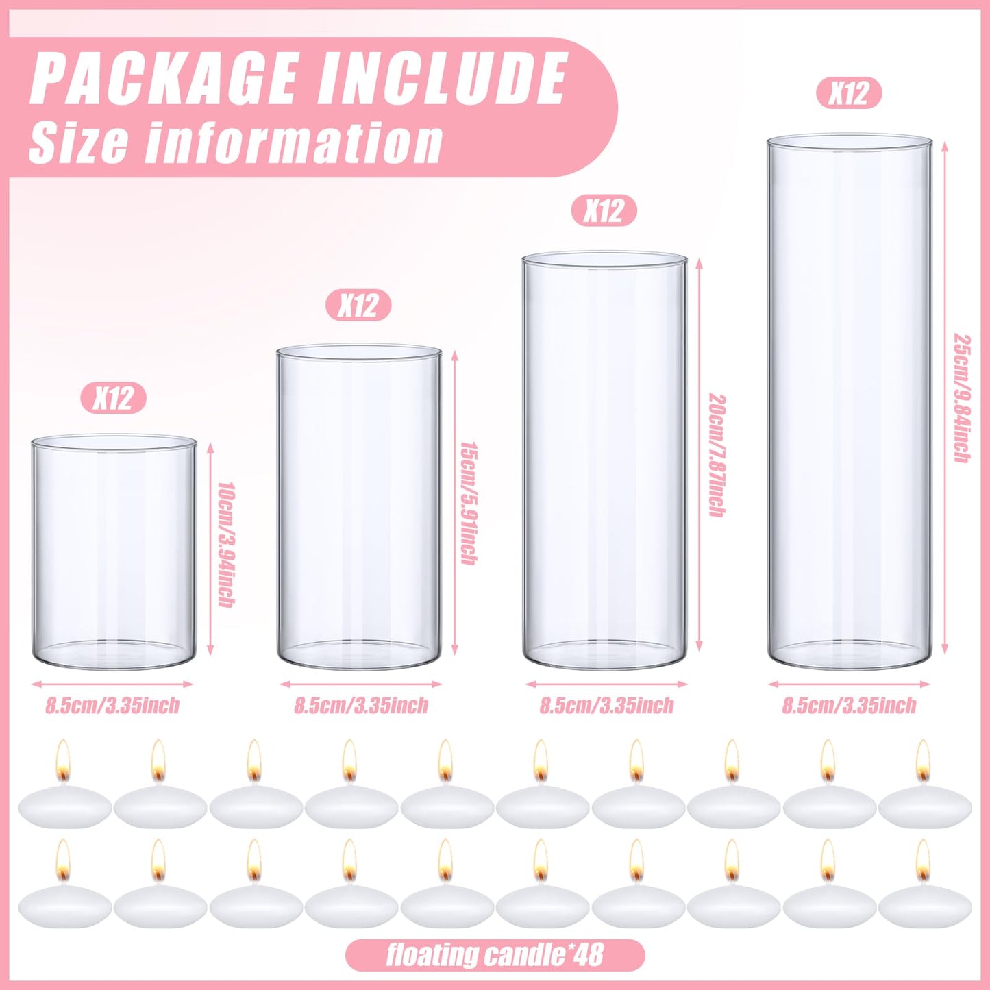 Yungyan 48 Pcs Glass Cylinder Vases for Centerpieces Tall Clear Flower Vase with Floating Candles Transparent Bulk Glass Votive Holders for Wedding Table Centerpiece Home Decor (4/6/8/10 Inch Tall)