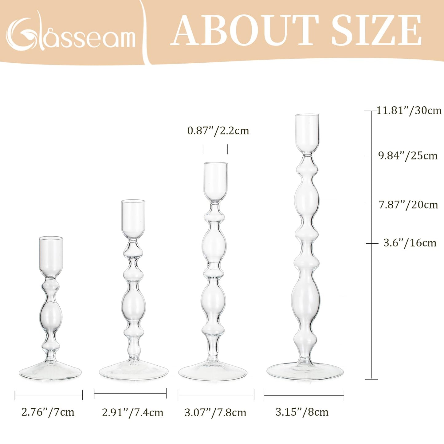 Glasseam Glass Candle Holders for Candlesticks: Clear Taper Candle Holders Set of 4 Modern Candle Stick Holder Tall Candle Holders for Table Centerpiece Wedding Party Dining Room Home Decor