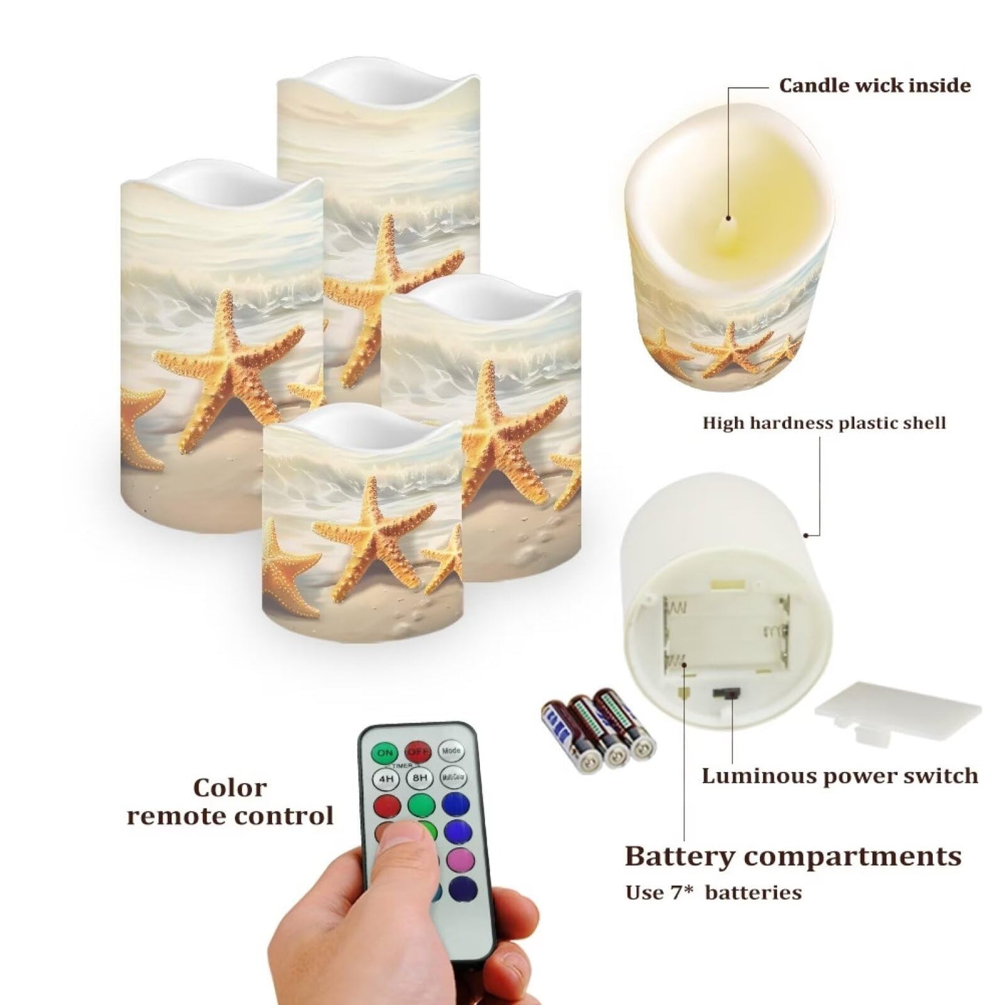 Uorisanigo Starfish Beach Flameless Candles with Remote Flickering Led Candles with Timer Set of 4 Electric Pillar Candles Battery Operated Fake Candles for Kitchen Room Home Decor