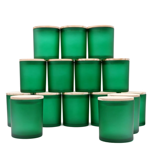 SHOWIN 10 OZ Thick Candle Jars for Making Candles 15 Pcs, Empty Jars with Wood Lids for Candle Making, Sample Container, Frosted Green