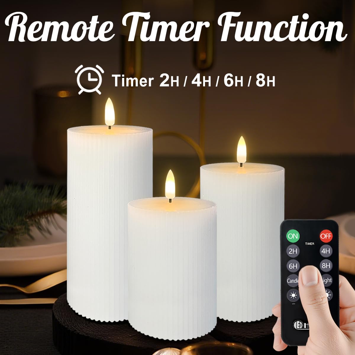 LEDHOLYT Rechargeable Flameless LED Pillar Candles–Luminous Real Wax Indoor Home Decor–Set of 3, Realistic Flickering LED Flame,Remote & Timer, USB-Rechargeable（White）