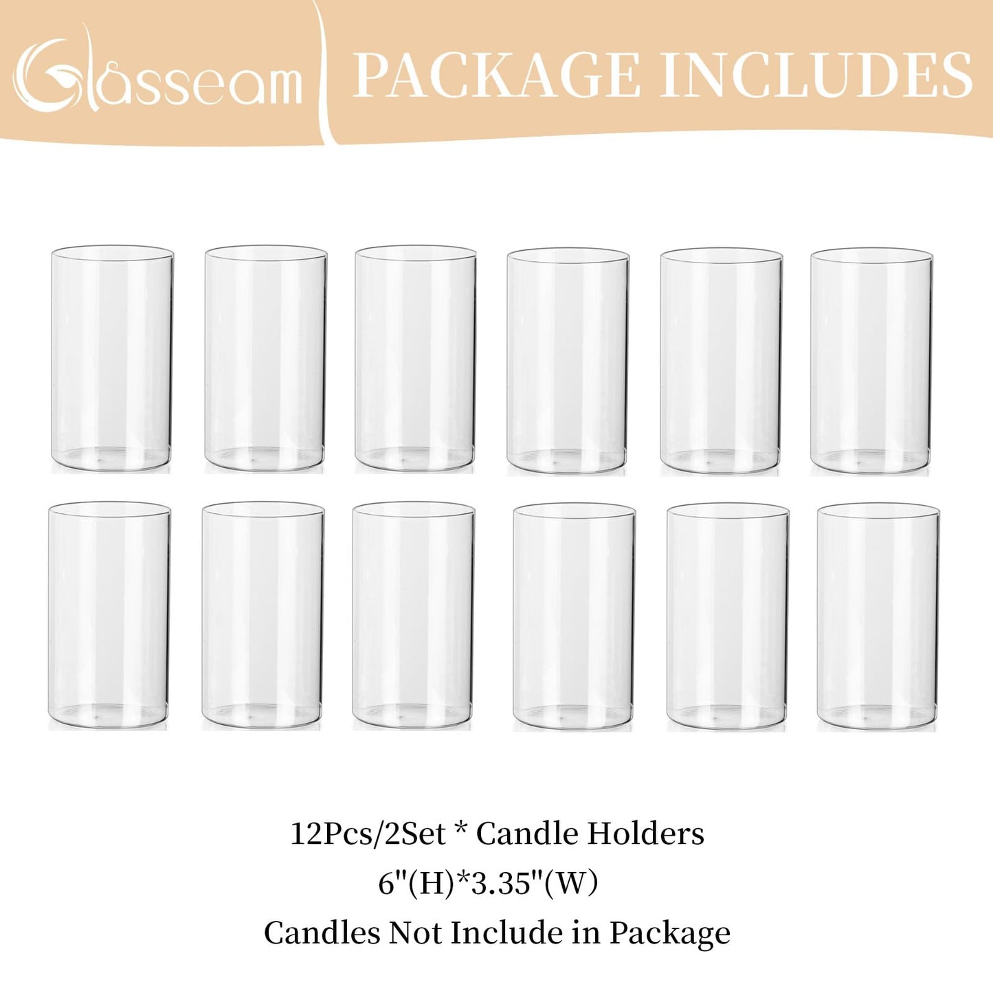 Glasseam Glass Hurricane Candle Holder Set of 12, Cylinder Pillar Candle Holders for Table, Modern Floating Candle Decorations, Clear Glass Cylinder Vase for Centerpieces Wedding Dining Table, 6inch