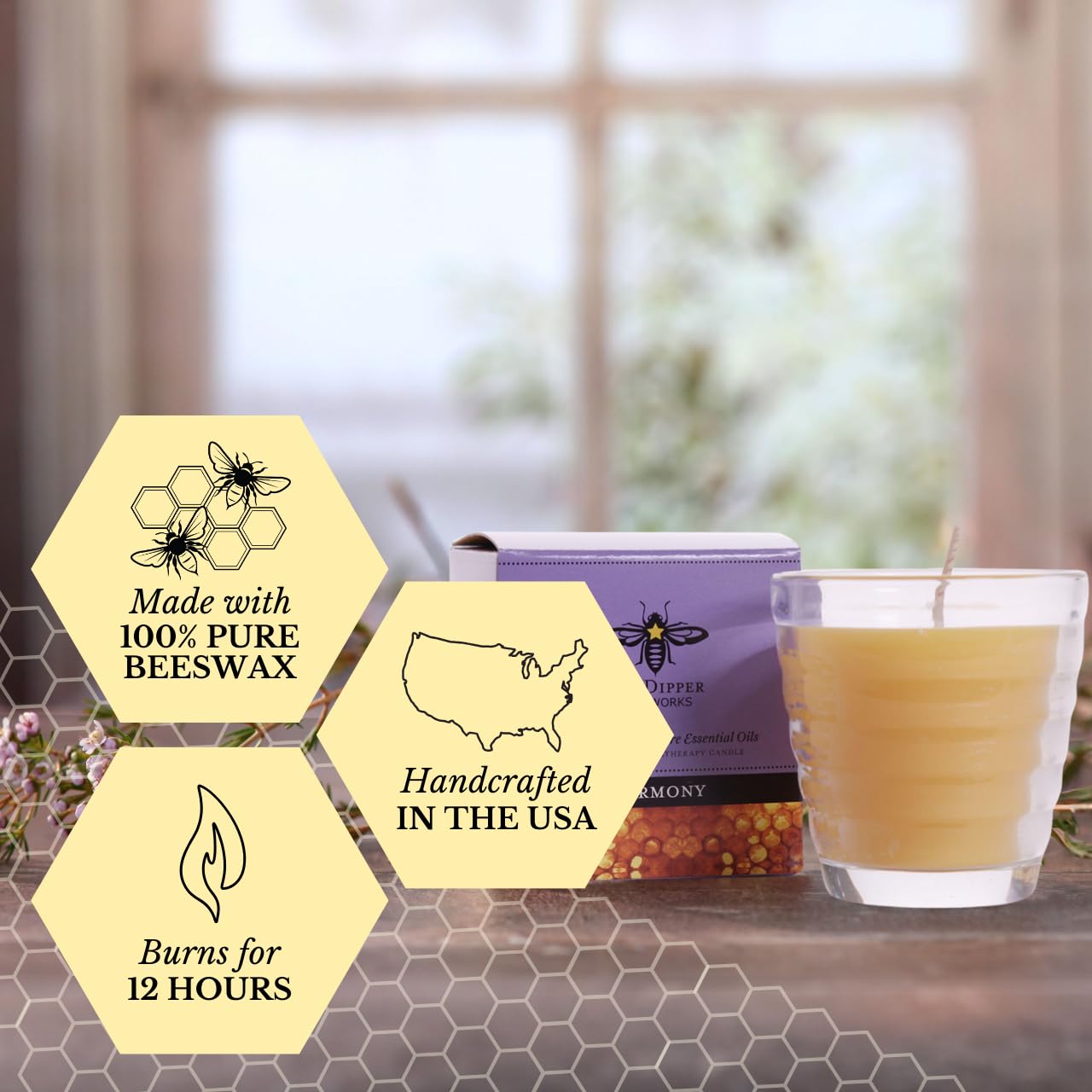 Big Dipper Wax Works Beeswax Aromatherapy Candle, Harmony - Pure Lavender Essential Oil, Beehive Glass, 100% Natural Beeswax & Soy Wax Blend, 25-Hour Clean Burn, Relaxation & Stress Relief, 2" x 2.5"